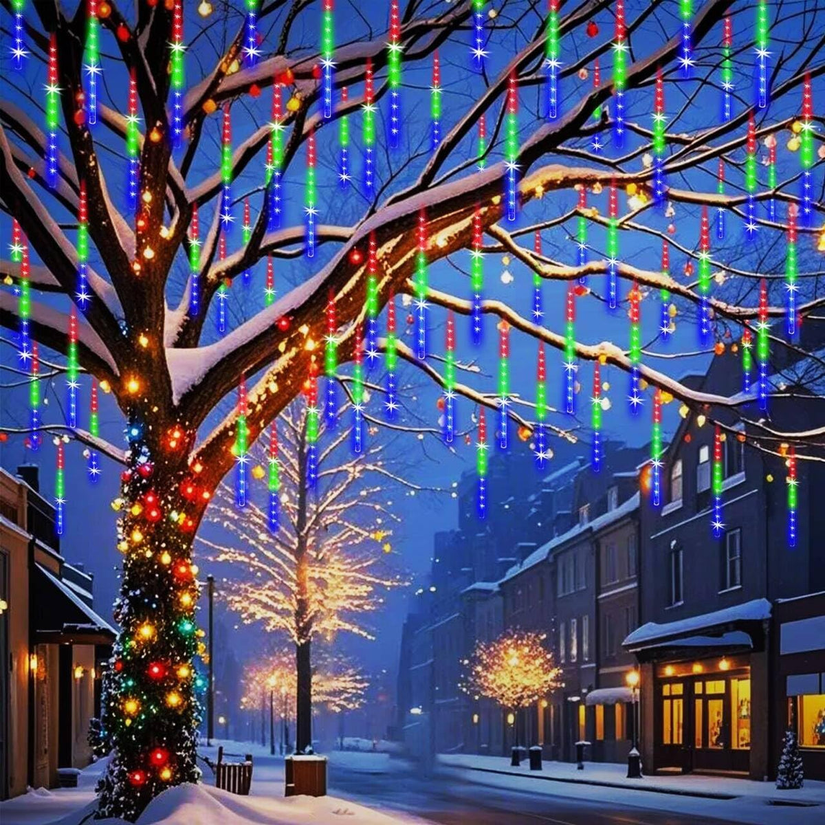 Weepong Meteor Shower Lights UL Certified 192LEDs 8 Tubes Falling Rain Drop Christmas Icicle Cascading Lights for Xmas Tree Halloween Decorations Wedding Party Holiday Garden Decor, Multicolor