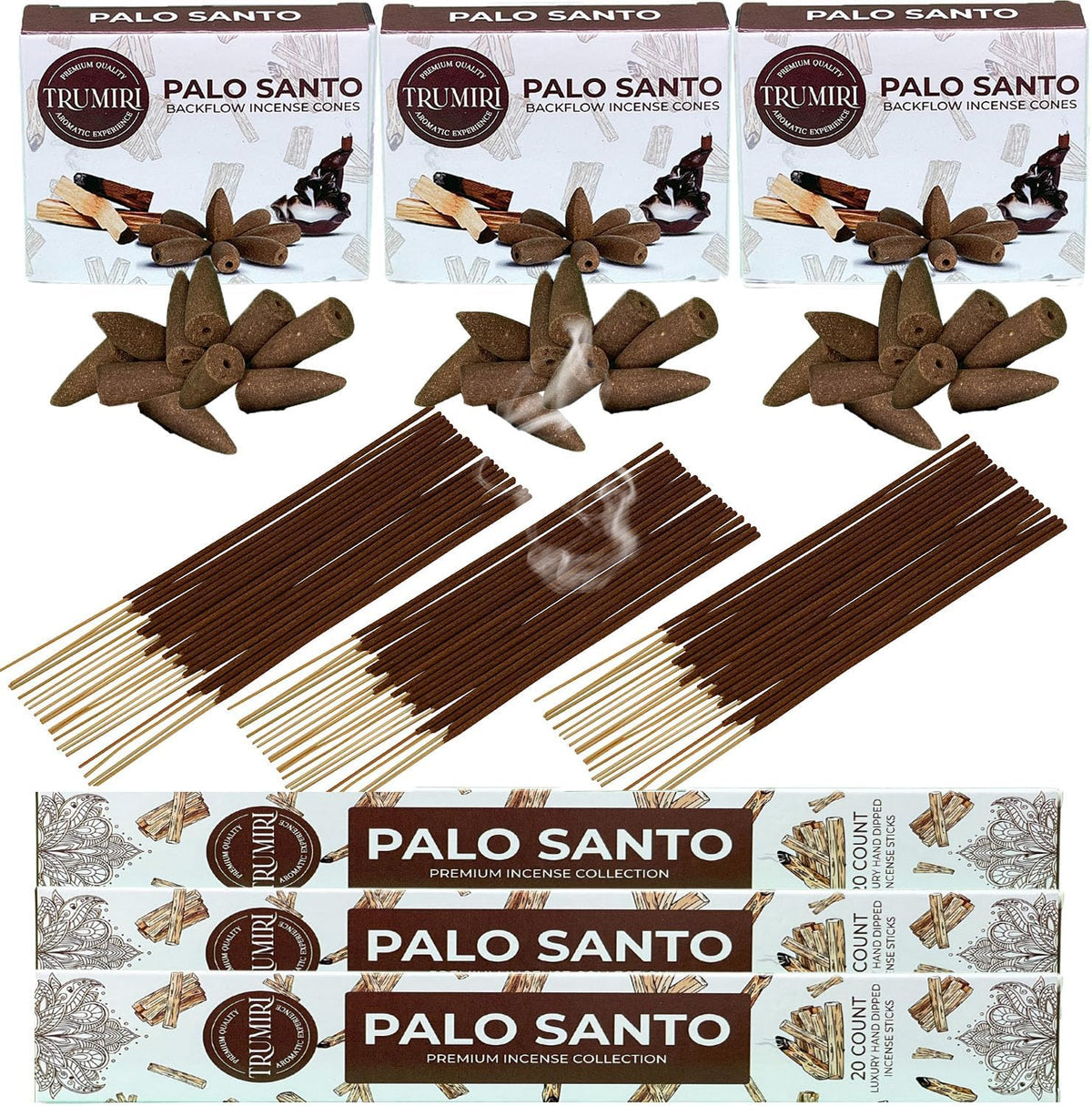 Palo Santo Incense Sticks & Backflow Incense Cones for Waterfall Combo Pack - 60 Insence-Sticks + 30 Backflow Cones - Insents - Incense Waterfall Cones - Inscense