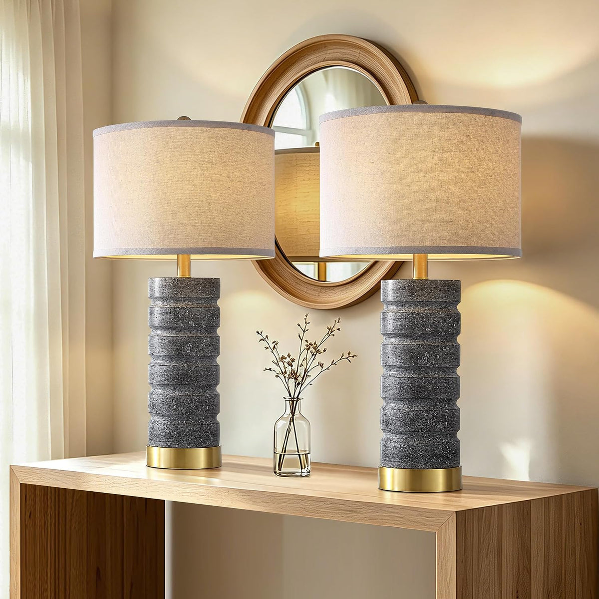 AIEAMPDO 26" Travertine Resin Table Lamps for Bedroom Set of 2, Gray