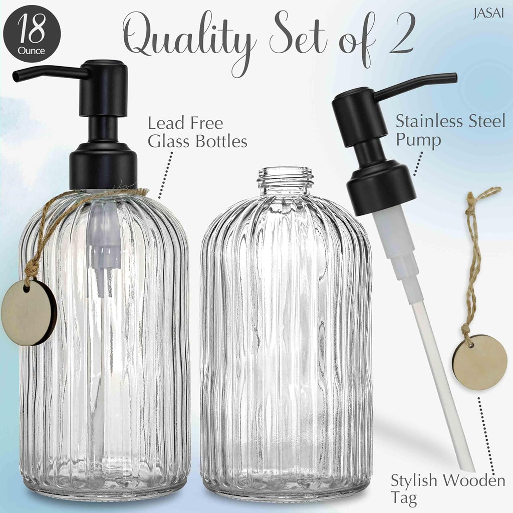 JASAI 2PACK 18Oz Simple Glass Soap Dispensers with Black Rust Proof Pump