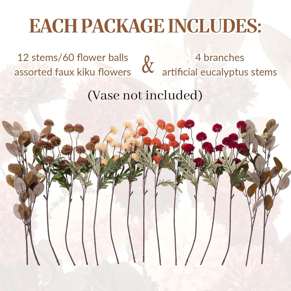 Alupssuc 16 PCS Silk Mums Artificial Fall Flowers with Eucalyptus for Vase