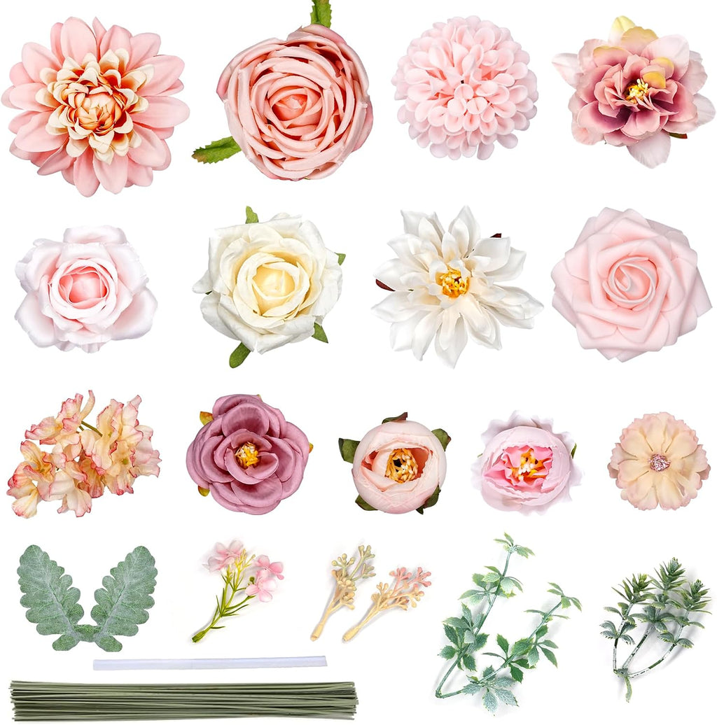 Pink Artificial Flowers Combo Silk Mix Fake Flowers with Stem for DIY Wedding Arch Bridal Bouquets Baby Shower Centerpieces Party Wall Home Decorations