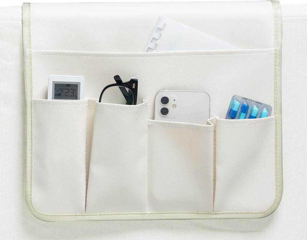 PU Leather Sofa Armrest Organizer, Armchair Magazine Holders, Waterproof Remote Holder for Recliner Couch with 1 Large Pocket, 4 Small Pockets for Magazine, Remote, Phone, Ipad, Books (white)