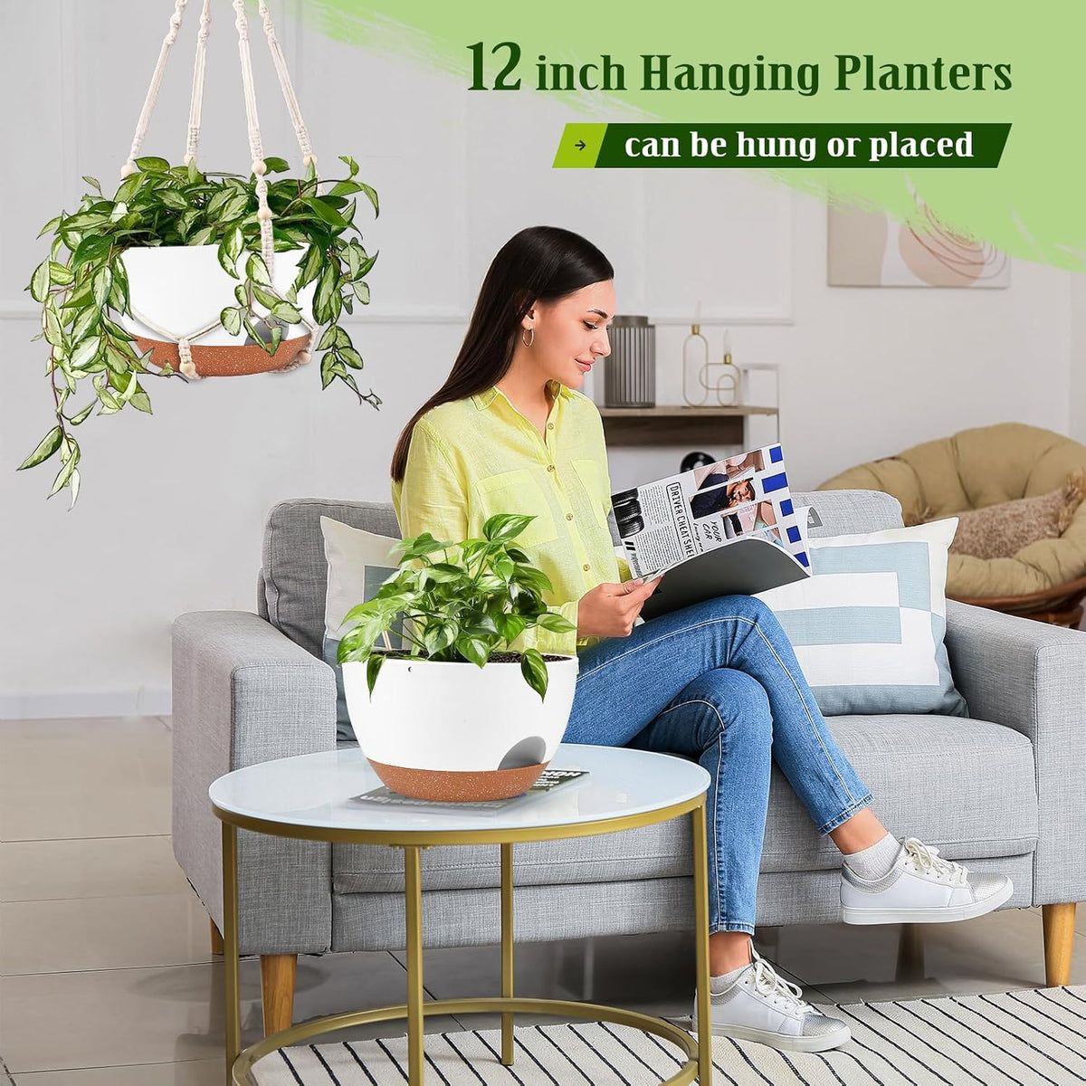10 Inch Self Watering Hanging Planters with Metal Chain & Macrame Hangers