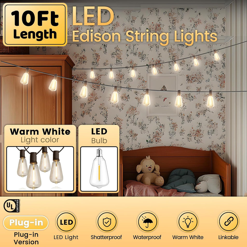 10FT Outdoor String Lights Waterproof LED Patio Lights