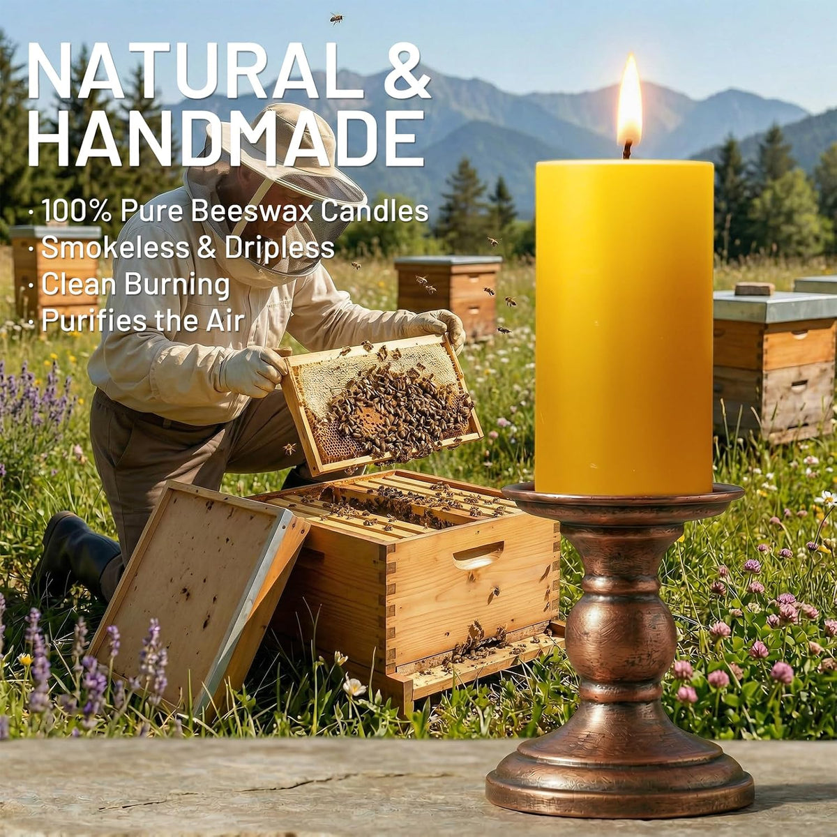 6 Pack Natural Beeswax Pillar Candles, Organic Unscented Candles