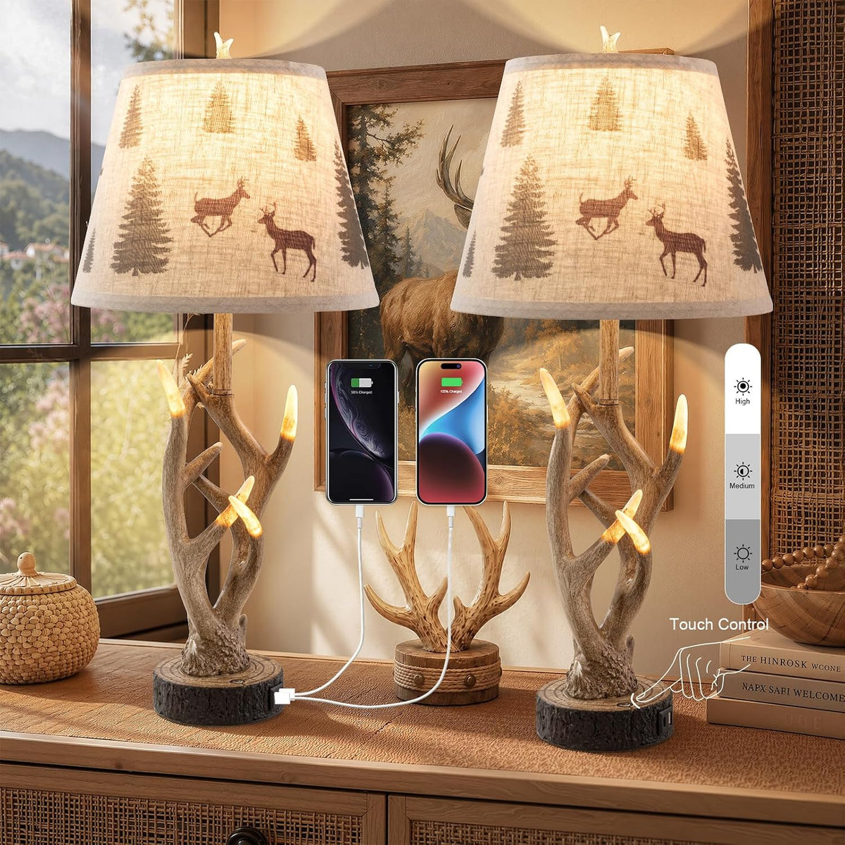 Dungoo 26" Rustic Antler Table Lamp Set of 2 for Bedroom with USB- C Port