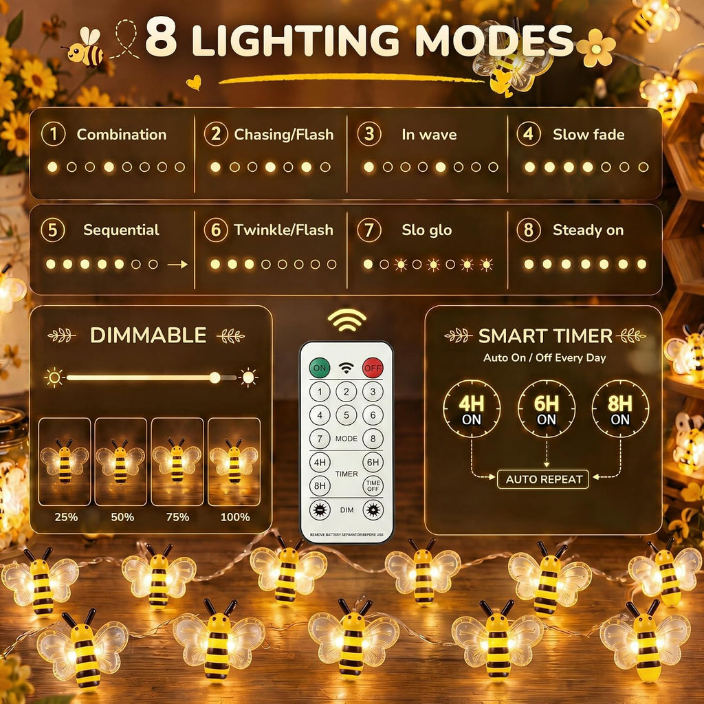 Mudder 1 Pack Honey Bee String Lights, 10FT 30LEDs with 8 Modes & Timer