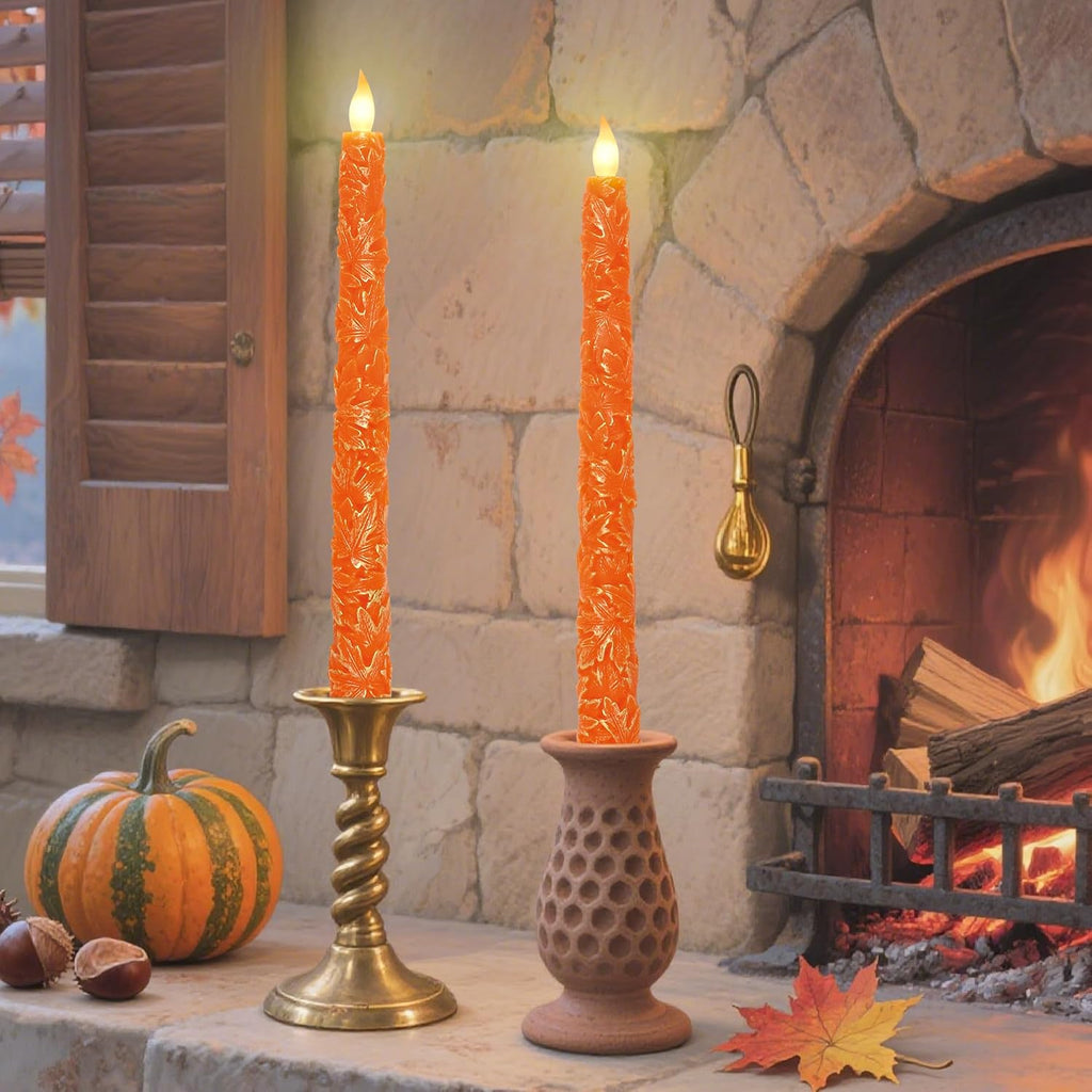 Impress Life Fall Flameless Taper Candles, Carved Maple Leaf Real Wax