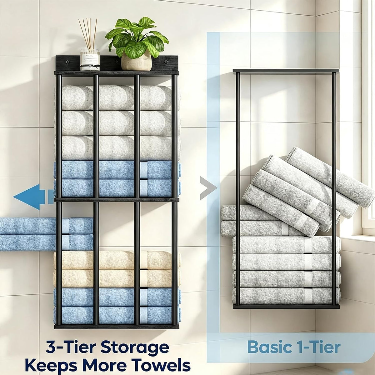Wall Mounted Towel Rack, Wood & Metal Towel Holder for Bathroom Wall