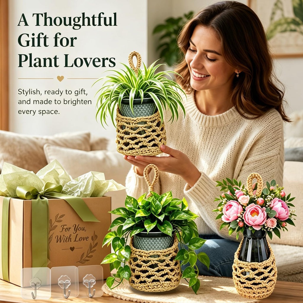 ESOW Hand‑Woven Macrame Wall Hanging Planters with Plant Pots, 3 Pack