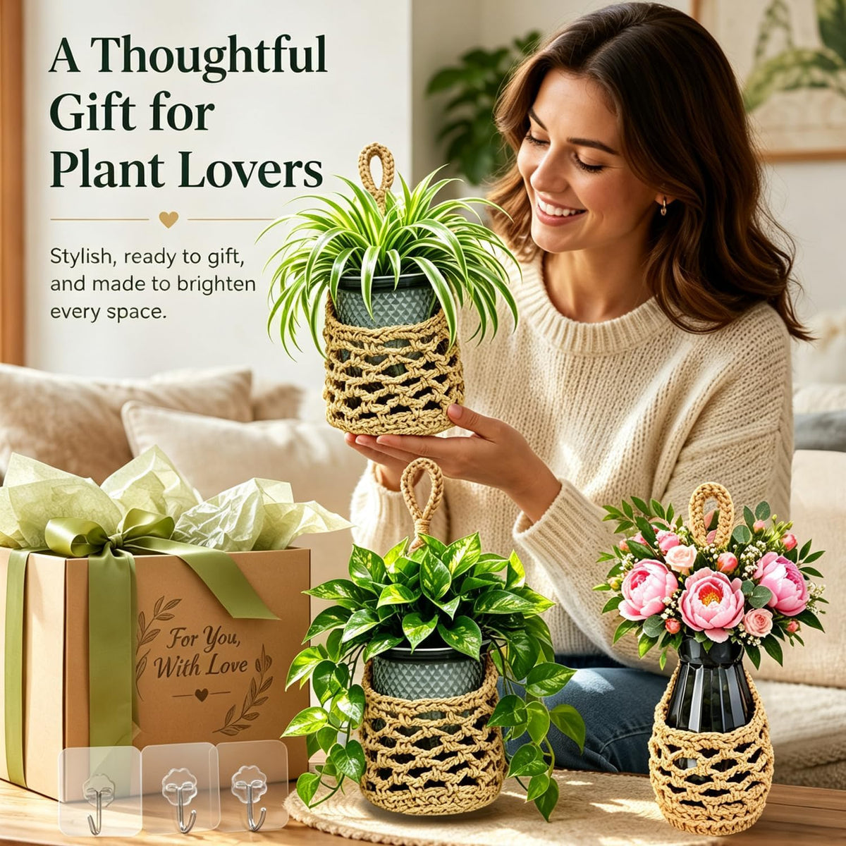 ESOW Hand‑Woven Macrame Wall Hanging Planters with Plant Pots, 3 Pack