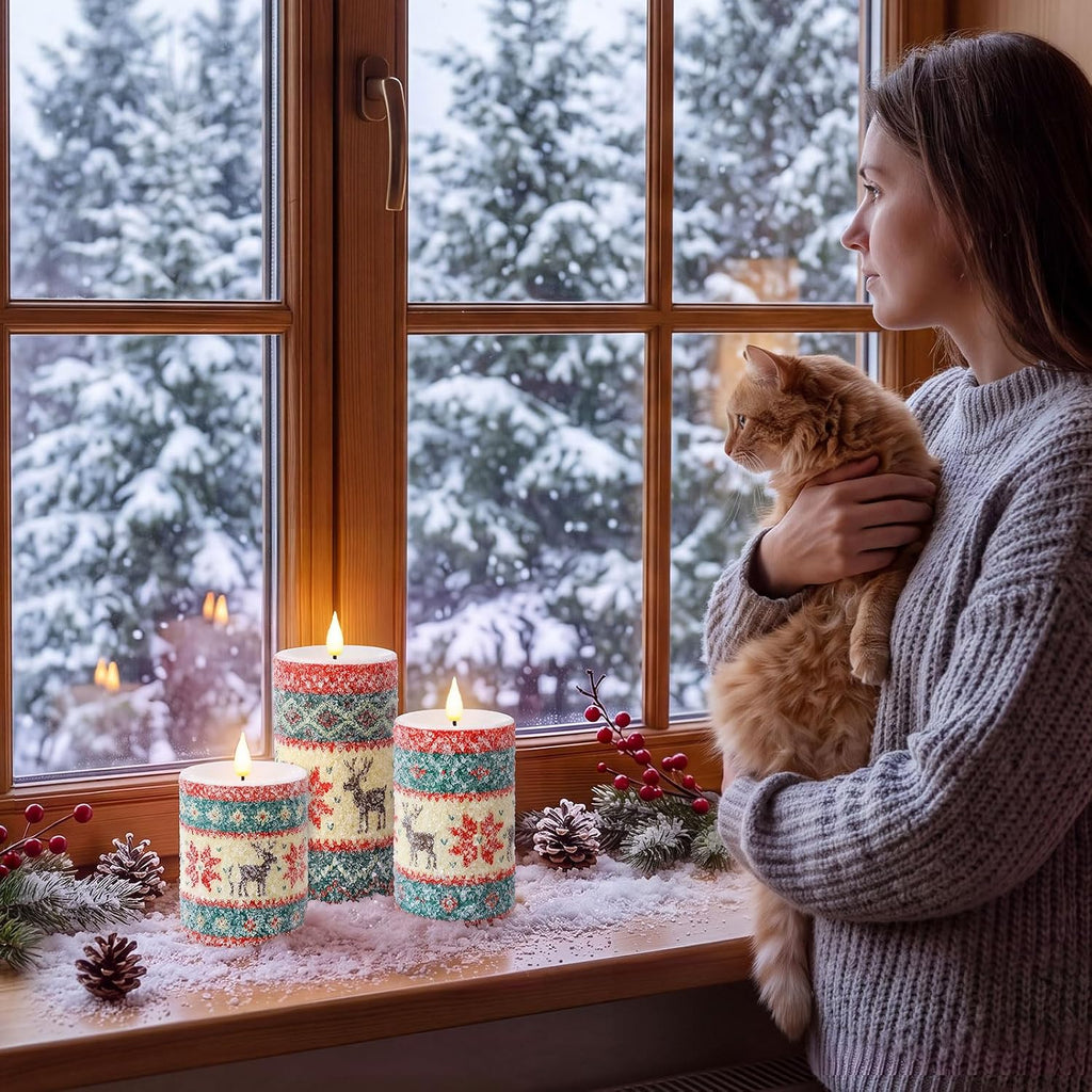 Retisee 3 Pcs Christmas Elk Knitted Sweater Flameless Candles 4" 5" 6"
