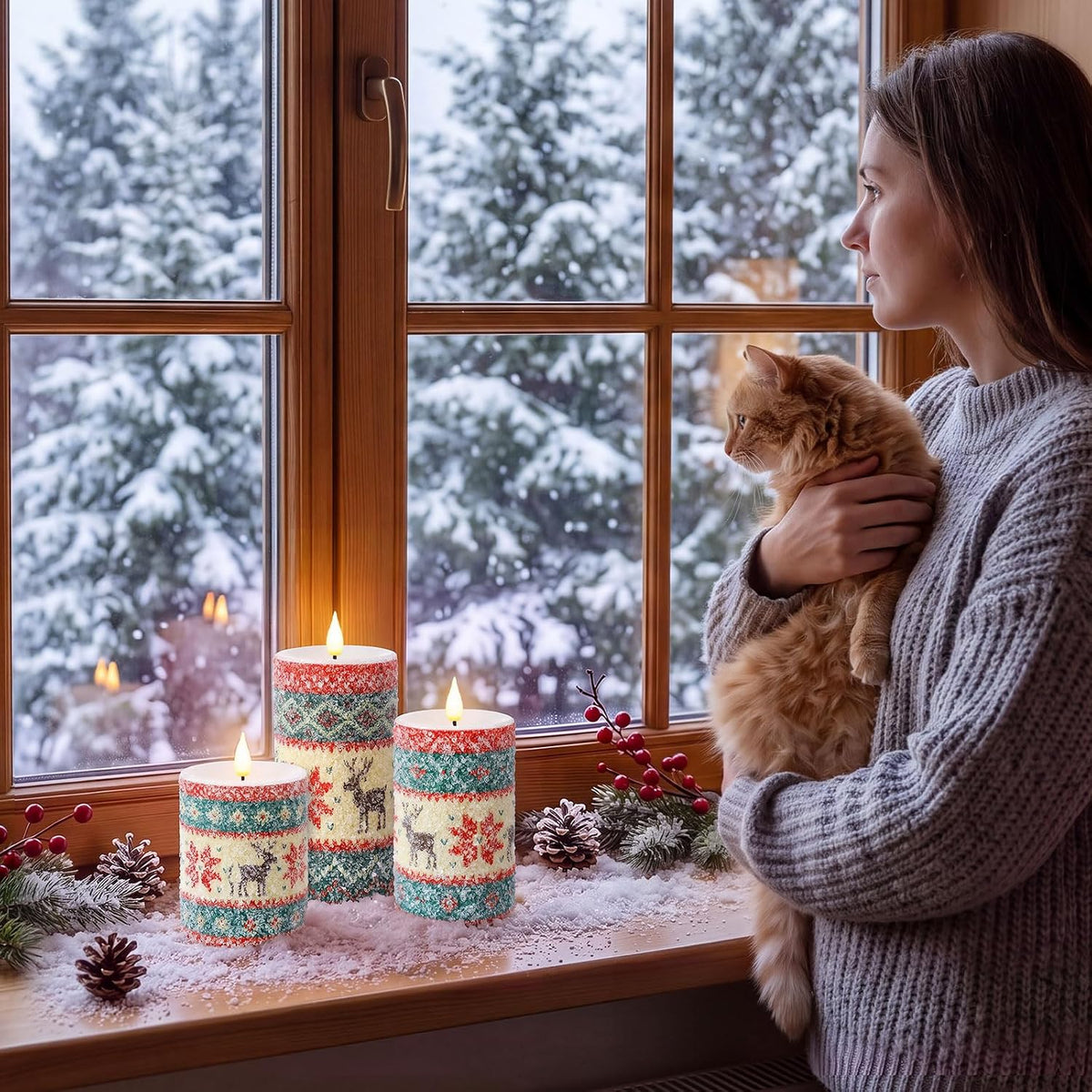 Retisee 3 Pcs Christmas Elk Knitted Sweater Flameless Candles 4" 5" 6"