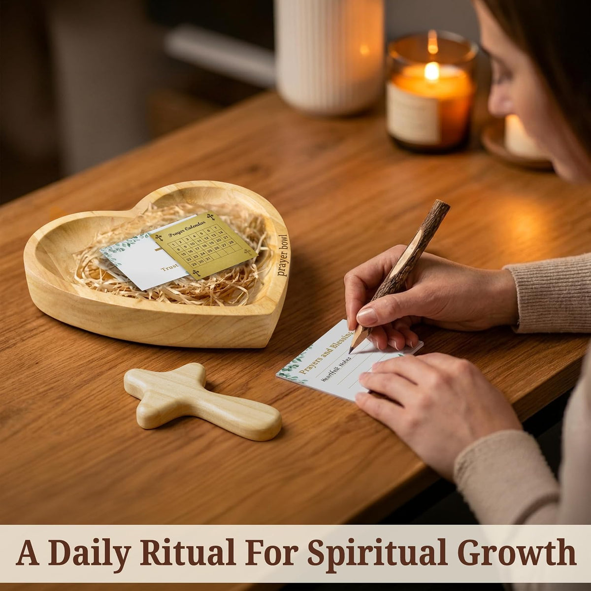 Prayer Bowls for Women Trust In God - Wooden Heart Prayer Bowl with 30 Cards & Wooden Fidget Cross - Birthday Gifts for Christian Women, Godmothers, Mom, Natural Heart Decorative Bowl with Storage Bag