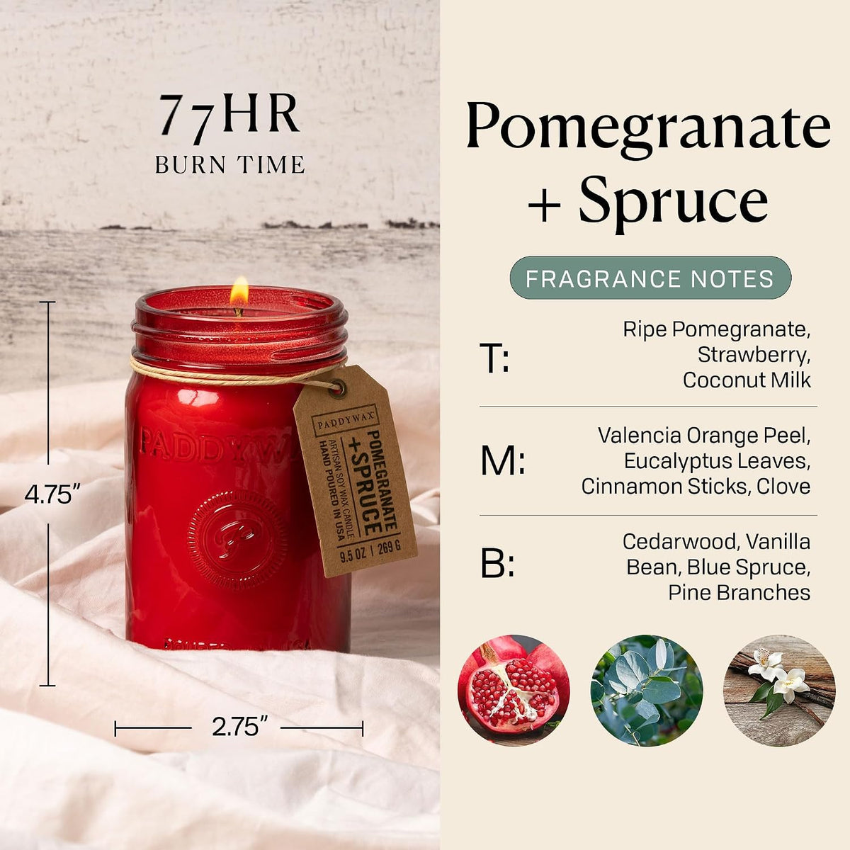Paddywax Relish Soy Wax Artisan Candle, Pomegranate + Spruce, 9.5 oz