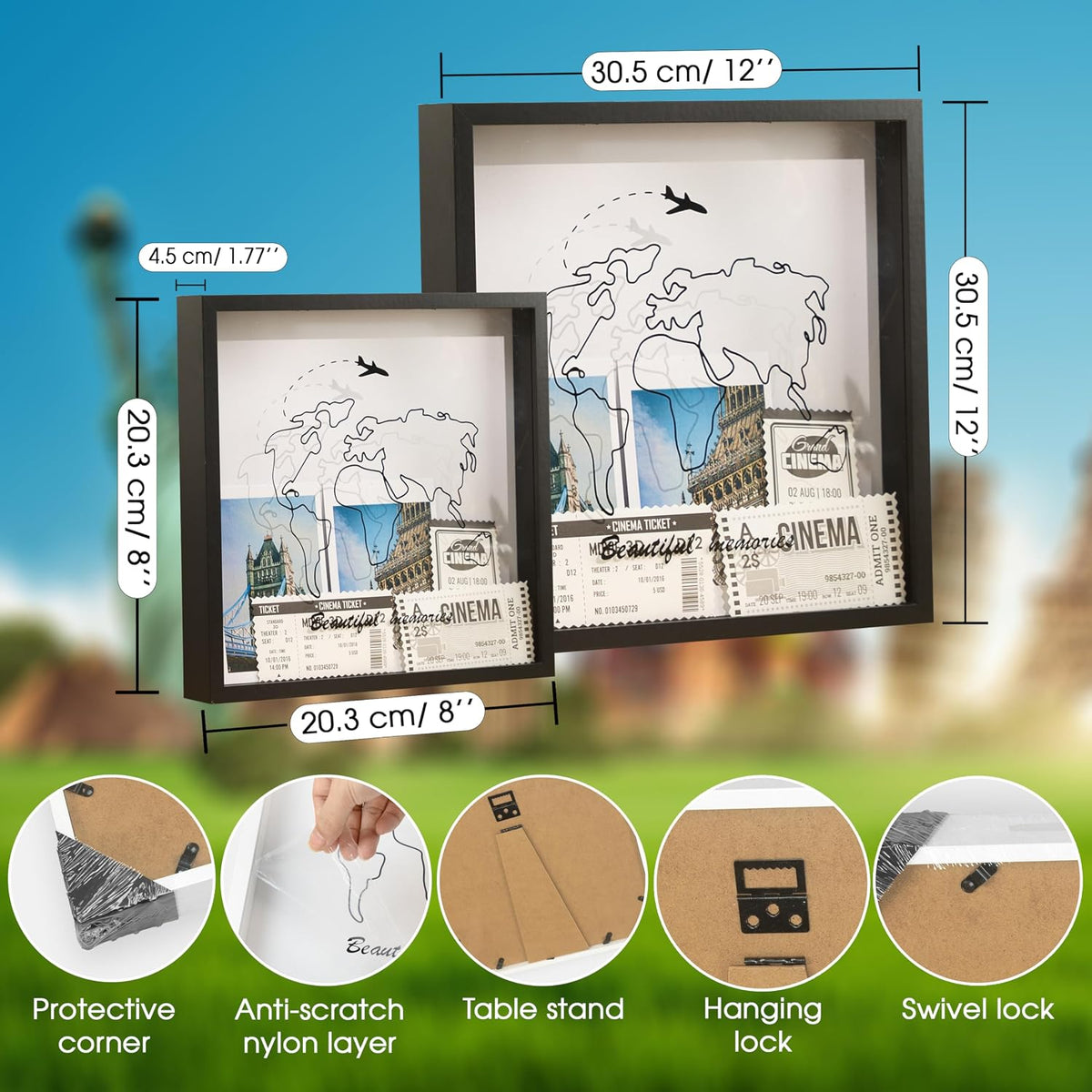 Adventure Archive Box, Travel Shadow Box with Slot, Shadow Box with Slot, Black and White, Store Memories: Money from Different Countries, Photos, Plane Tickets, Movie Tickets (Black, 8x8)