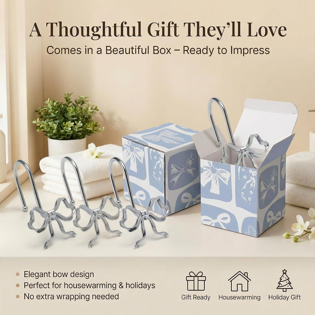 Bow Shower Curtain Hooks, 12-Pack Silver Metal Decorative Bow Knot Rings