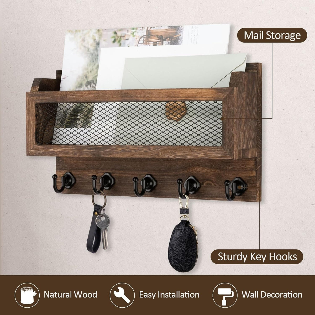 Nekon Mail and Key Holder for Wall Decorative, 11 Inch Mail Holder, Brown