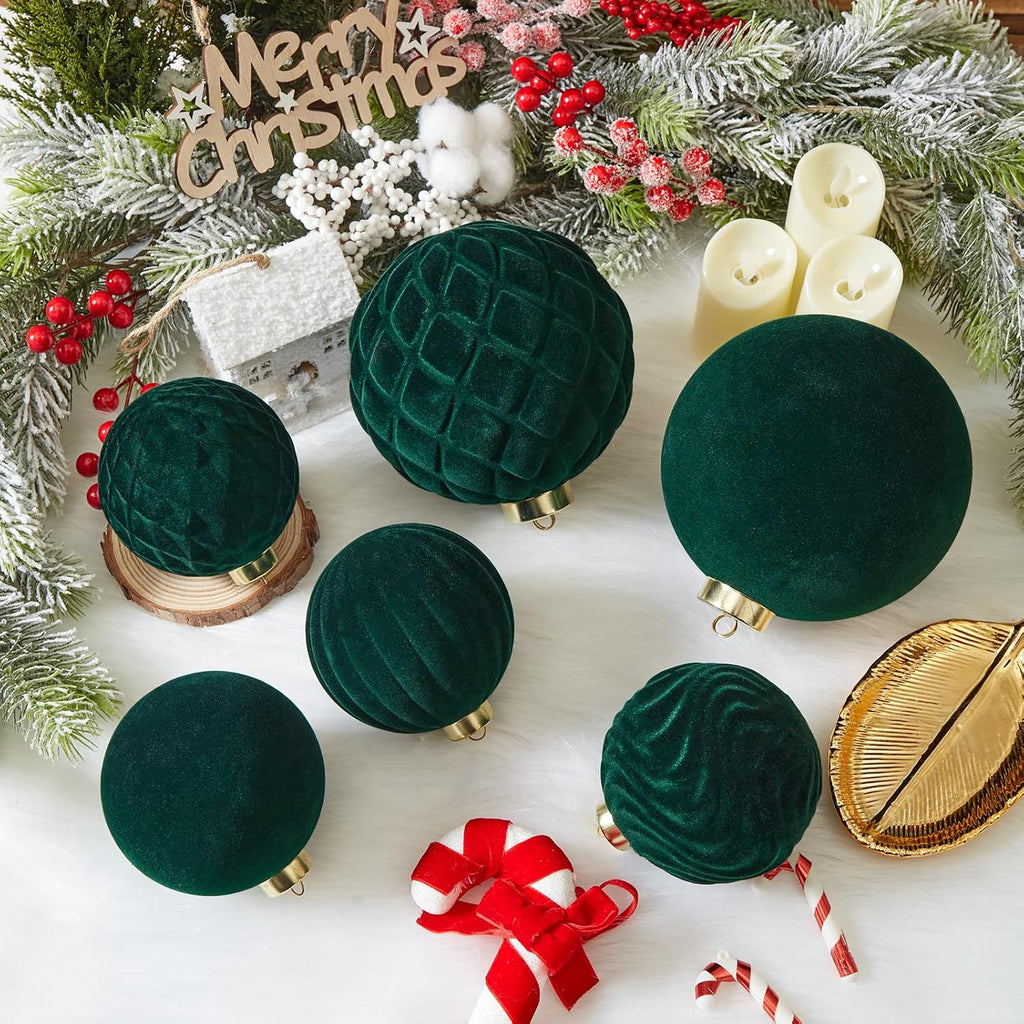 Large Velvet Christmas Ball Ornaments - 4 Inch Flocked Christmas Balls Shatterproof Decorative Hanging Ornaments Set for Xmas Tree Holiday Wedding Party Decor (Dark Green, 4pcs)