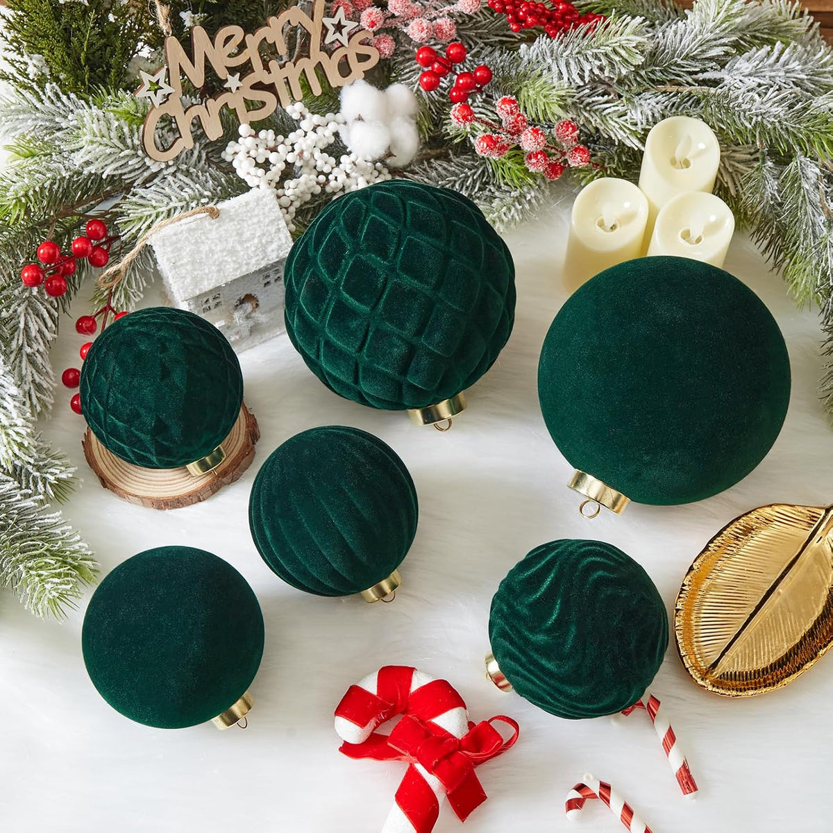 Large Velvet Christmas Ball Ornaments - 4 Inch Flocked Christmas Balls Shatterproof Decorative Hanging Ornaments Set for Xmas Tree Holiday Wedding Party Decor (Dark Green, 4pcs)