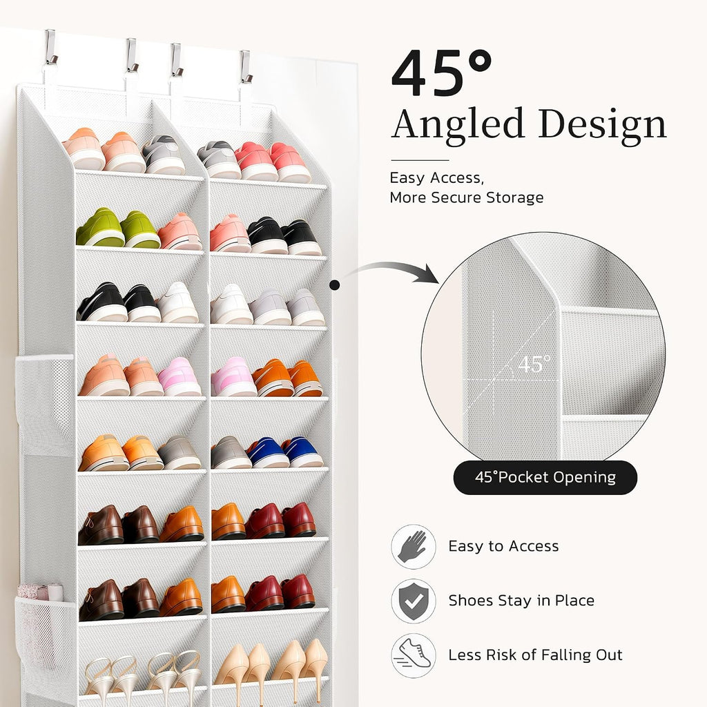 Criusia Over the Door Shoe Organizer, 20-30 Pairs Heavy-Duty Hanging Shoe Storage with Large Pockets, 10-Tier Door Shoe Rack with 4 Hooks for Sneakers Sandals Heels Boots (White)