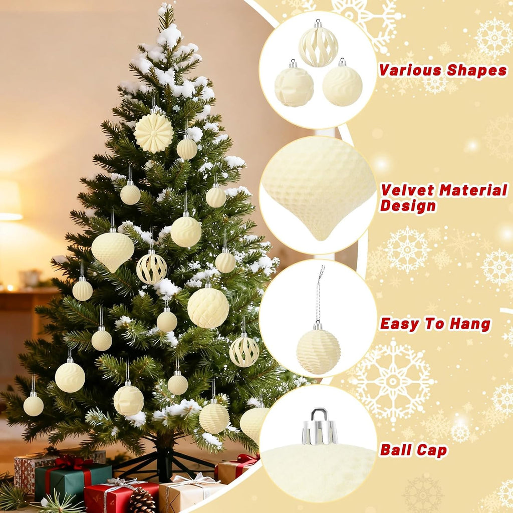 48 Pcs Velvet Christmas Ball Ornaments Set for Xmas Tree Decor(Cream Yellow