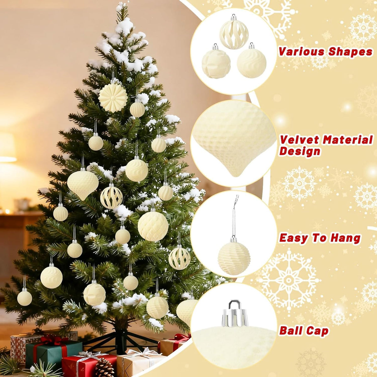 48 Pcs Velvet Christmas Ball Ornaments Set for Xmas Tree Decor(Cream Yellow