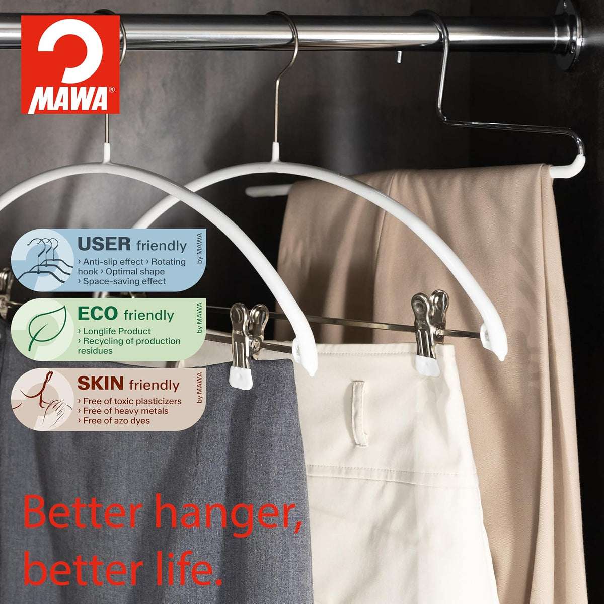 Mawa by Reston Lloyd Trouser Series Non-Slip Space-Saving Clothes Hanger with Single Rod for Pants, Style KH/1, Set of 10, Black