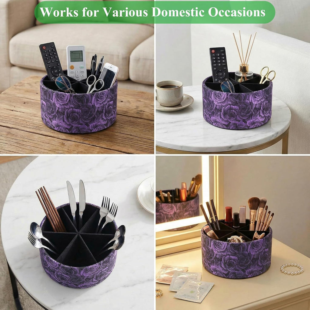 Remote Control Holder, 360°Spinning PU Leather Desk TV Remote Caddy,Desk Storage Box Room Accessories for Controller, Media,Mail,Calculator, Mobile Phone,Pencil(1-B3D Purple)