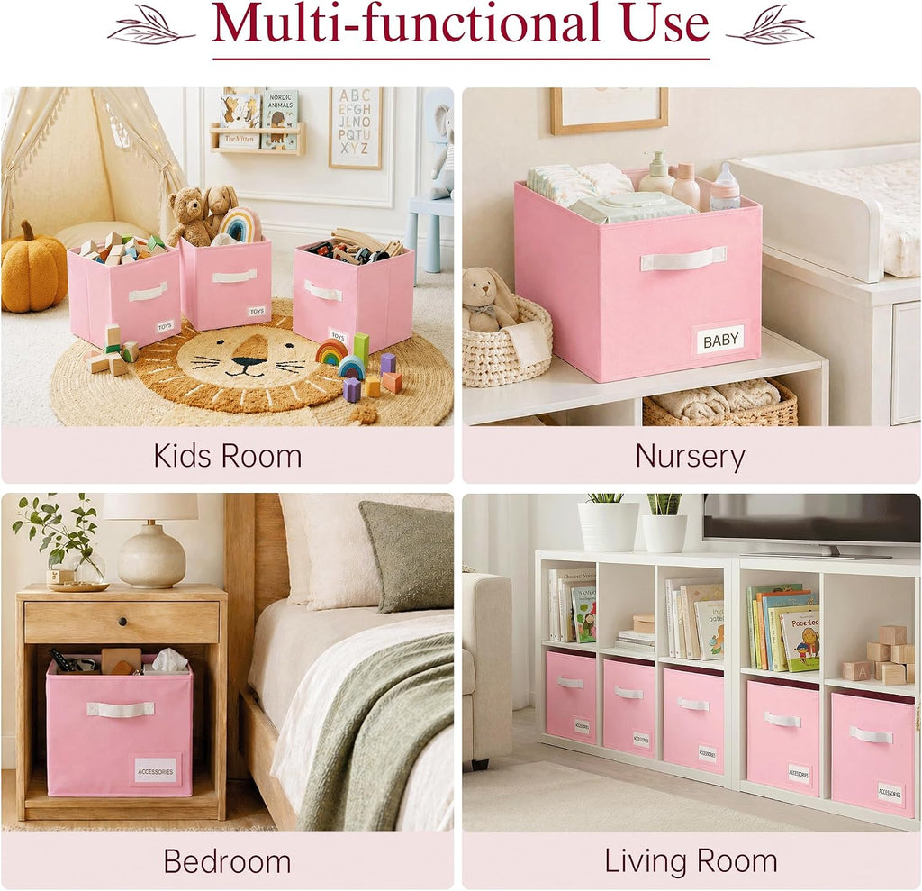 Storage Cubes 10 Pack, 11 Inch Fabric Storage Bins Organizer with Labels, Odor-Free & Sturdy PP Structure, Collapsible Cubby Baskets for Closet, Shelves, Toys & Nursery (Pink)