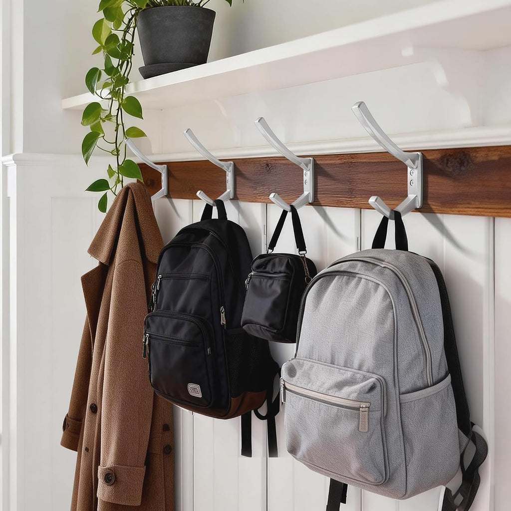 Heavy Duty Wall Hooks, 5 Inch Large Wall Mount Hooks for Hanging Heavy Backpacks, School Bags, Winter Coat, Handbags, Purses in Entryway, Hallway, Garage, Bathroom, Laundry (4, Silver)