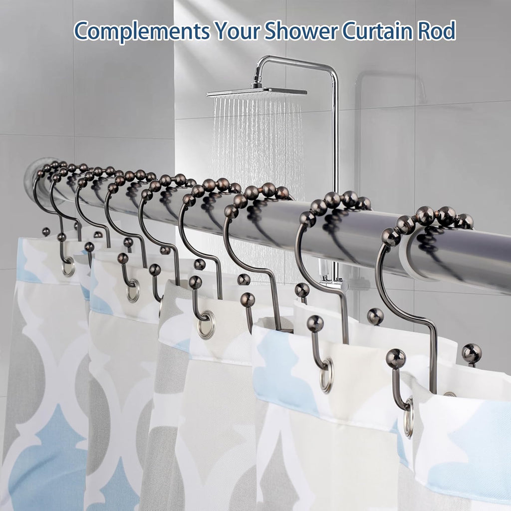 DAWNER Shower Curtain Hooks Rings, Rust Proof Hooks, Metal Easy Glide Double Shower Rings Hooks, Stainless Steel Shower Curtain Hangers for Bathroom Shower Curtains, Set of 12 Hooks, Brushed Bronze