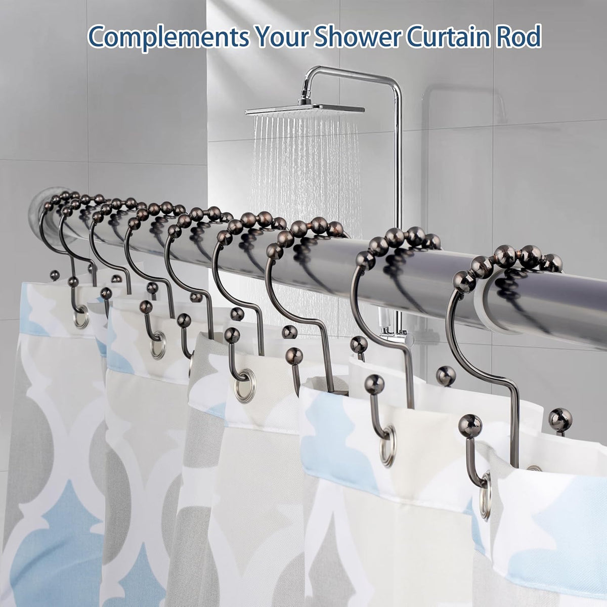 DAWNER Shower Curtain Hooks Rings, Rust Proof Hooks, Metal Easy Glide Double Shower Rings Hooks, Stainless Steel Shower Curtain Hangers for Bathroom Shower Curtains, Set of 12 Hooks, Brushed Bronze