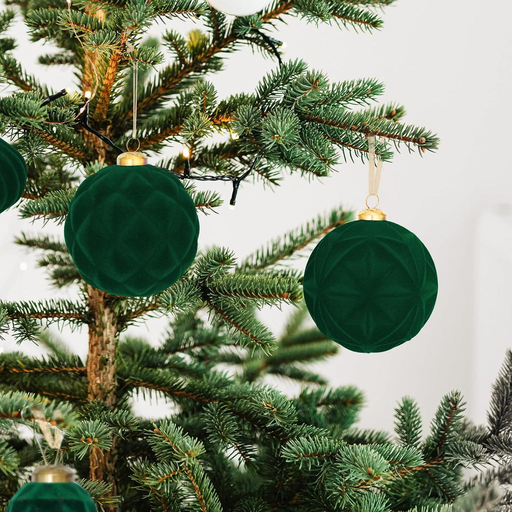 46PCS Velvet Christmas Ball Ornaments Set, Flocked Shatterproof Xmas Tree Decor, Assorted Hanging Ornaments with Loop for Holiday Home Decor, Christmas Tree, Mantel, Party Decoration (Dark Green)