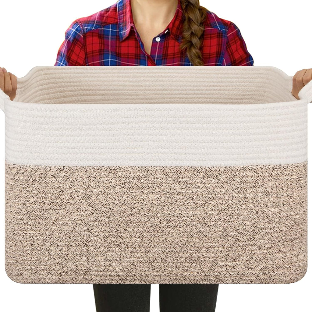 OIASKET Blanket Basket for Living Room, Cotton Rope Basket for Storage, Toy Baskets Bin for kids, Woven Baskets with Handles for Clothes, Towels, Pillows, 20" x 16" x 12", Brown and White