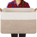 OIASKET Blanket Basket for Living Room, Cotton Rope Basket for Storage, Toy Baskets Bin for kids, Woven Baskets with Handles for Clothes, Towels, Pillows, 20" x 16" x 12", Brown and White