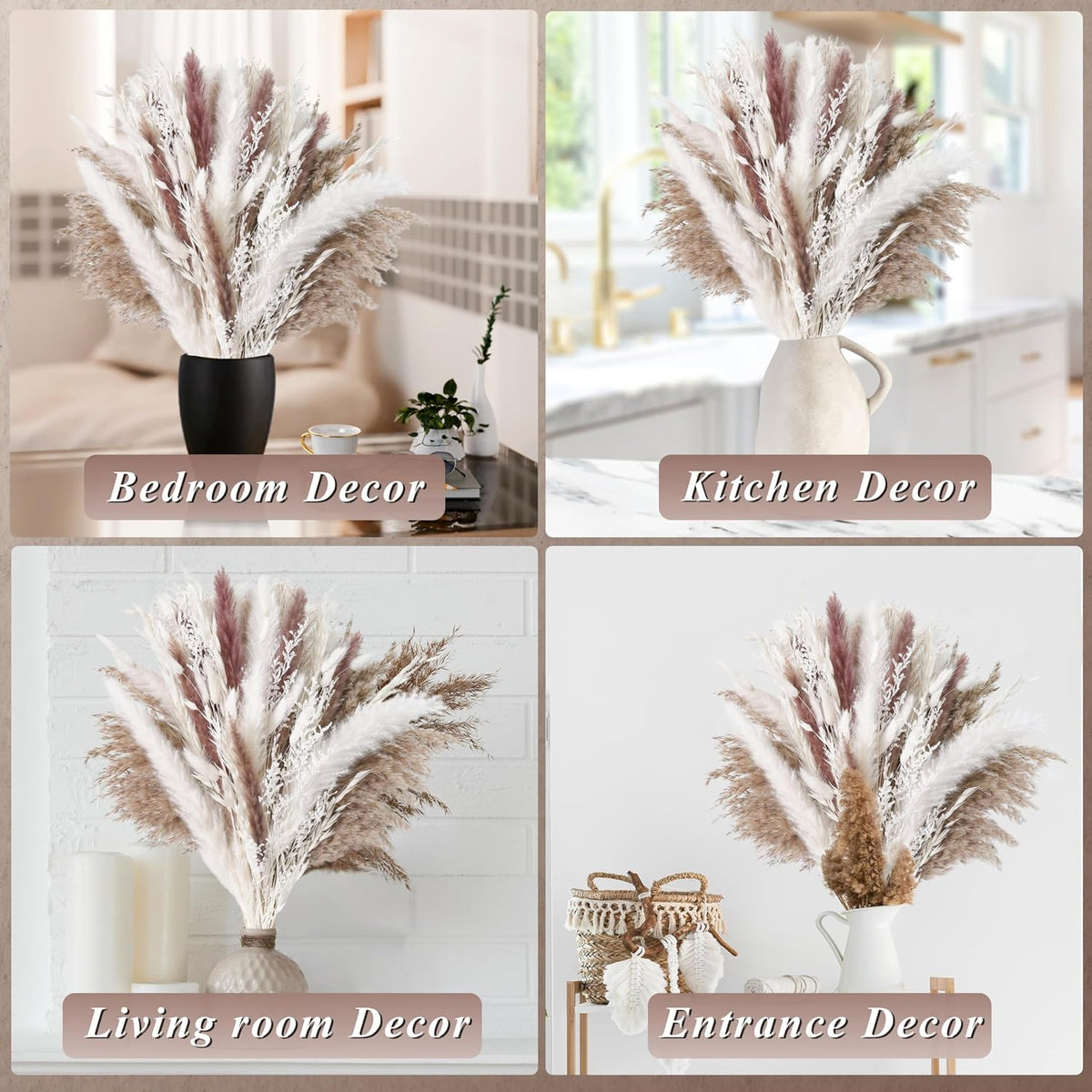 85PCS White Dried Pampas Grass Bouquet, Boho Home Decor Flowers