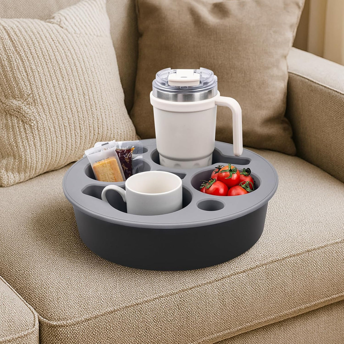 Round Couch Cup Holder Tray, Portable Couch Caddy, Black-Gray