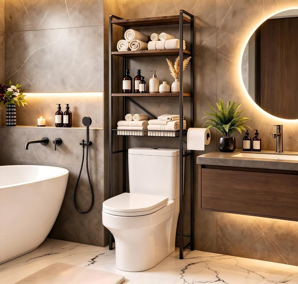Over The Toilet Storage, 4-Tier Bathroom Organizer with V-Shaped Support & Pre-Welded Frame, Freestanding Rustproof Shelf with Toilet Paper Holder, Heavy Duty, 60" Tall, Antique Brown