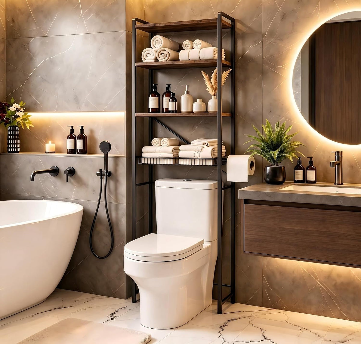 Over The Toilet Storage, 4-Tier Bathroom Organizer with V-Shaped Support & Pre-Welded Frame, Freestanding Rustproof Shelf with Toilet Paper Holder, Heavy Duty, 60" Tall, Antique Brown