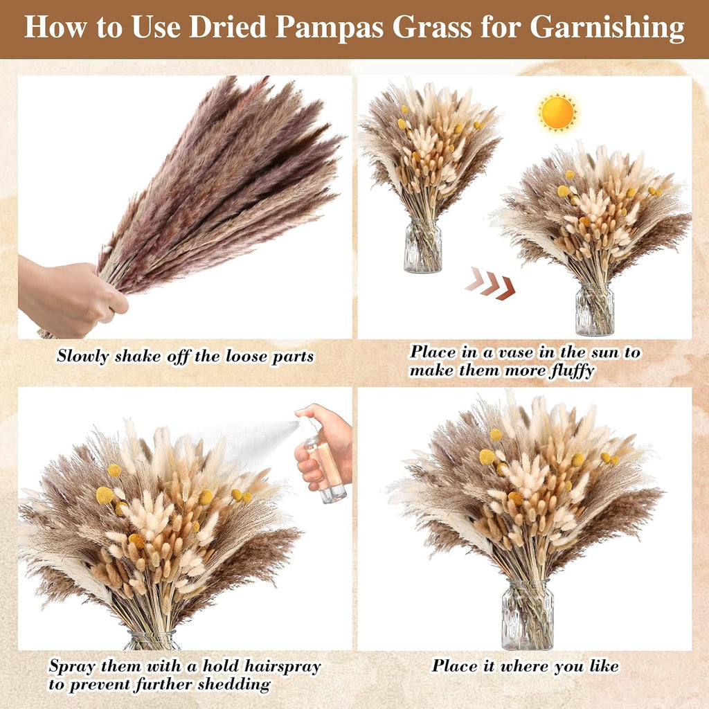 400 PCS Dried Pampas Grass Decor – Natural Bunny Tails, Fluffy Pampas Grass, Reed, Billy Balls – Boho Wedding Decor, Fall Floral Arrangement for Home Decor, Farmhouse Centerpieces, Vases, Living Room