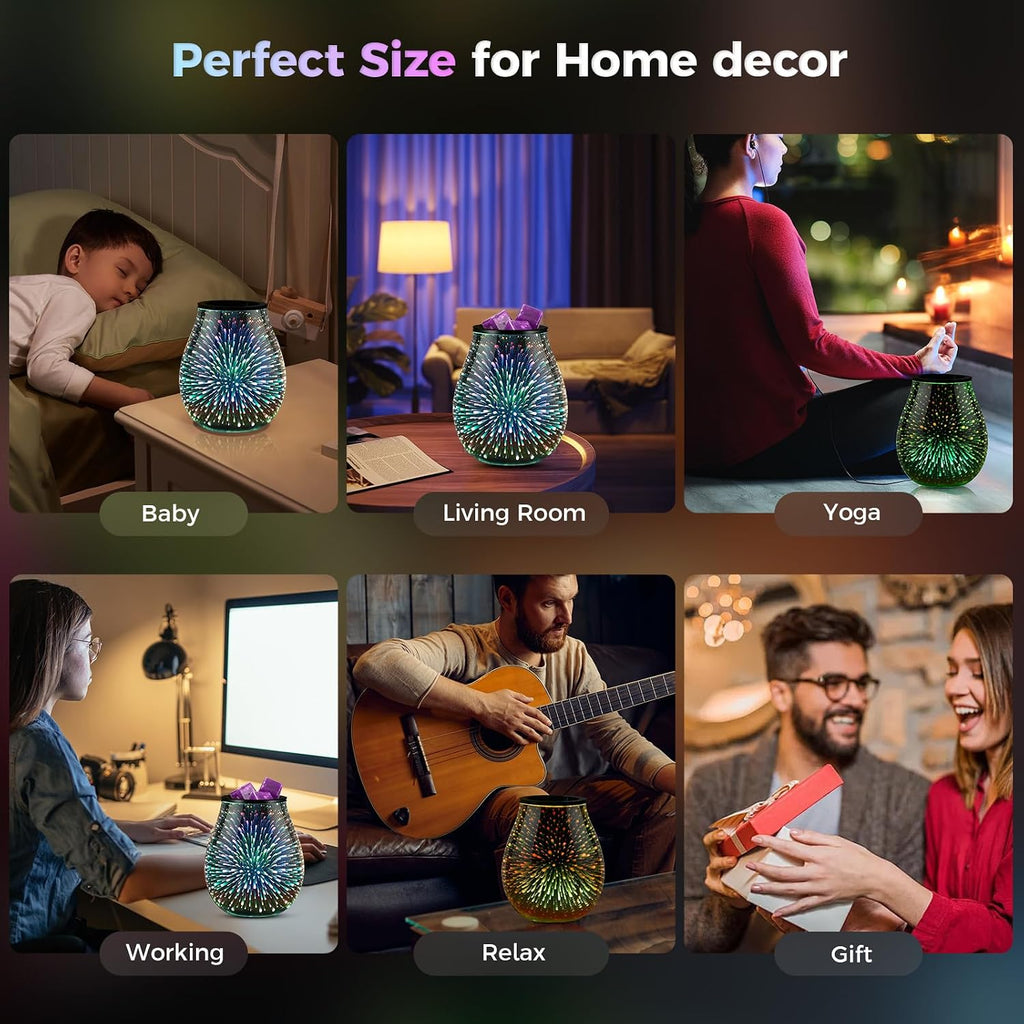 Inrorans Glass Electric Wax Melt Warmer Oil Burner with Stable Heating PTC Reusable Silicone Tray 7 Colorful Changing Led Light Night Light Scent Warmer for Home Fragrance Warmers-Fireworks Timer