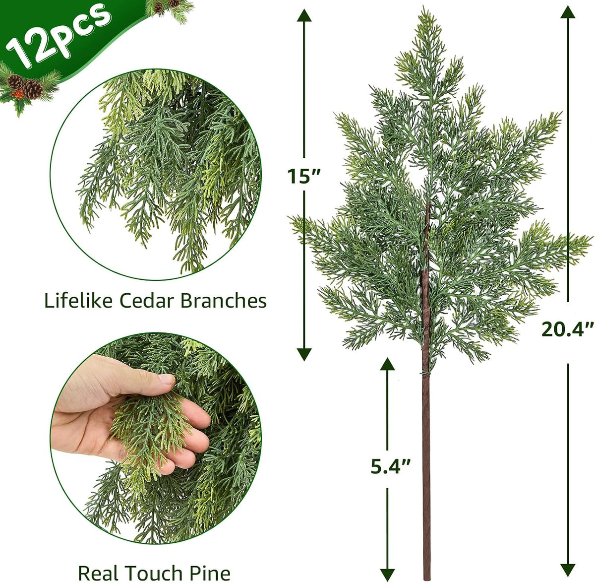 20 inch Cedar Stems 12Pcs, Real Touch Artificial Faux Greenery