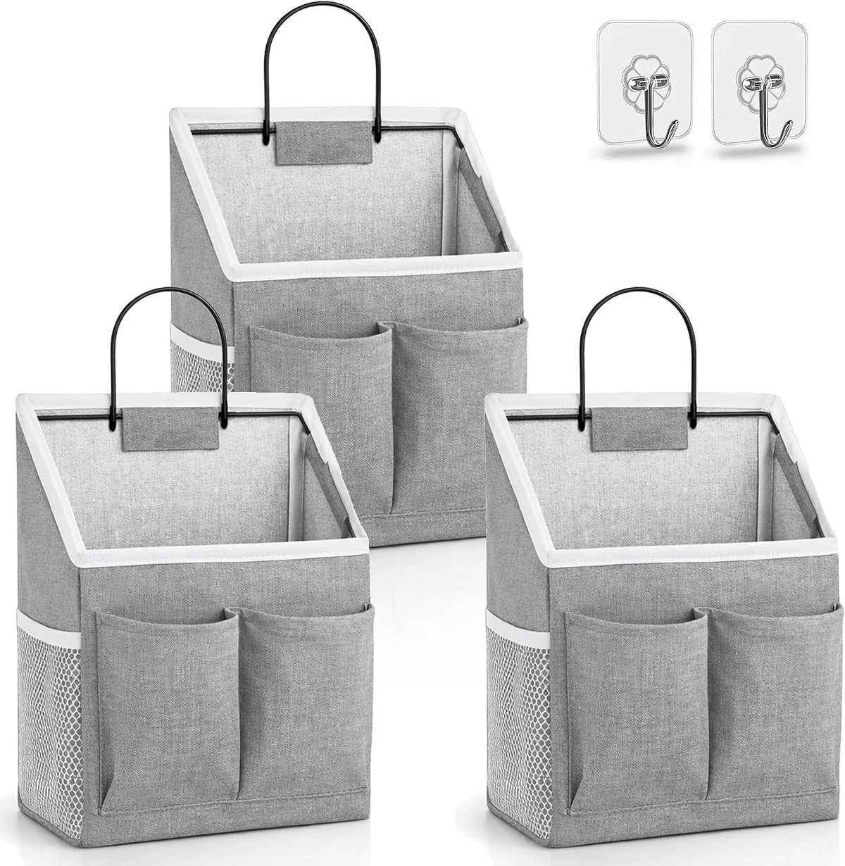 Kanrichu 3pcs Wall Hanging Organizer Bag, Linen Fabric Door Hanging Storage Basket with Pockets, Waterproof Bin for Kitchen, Bedroom, Office, RV Camper (Gray)