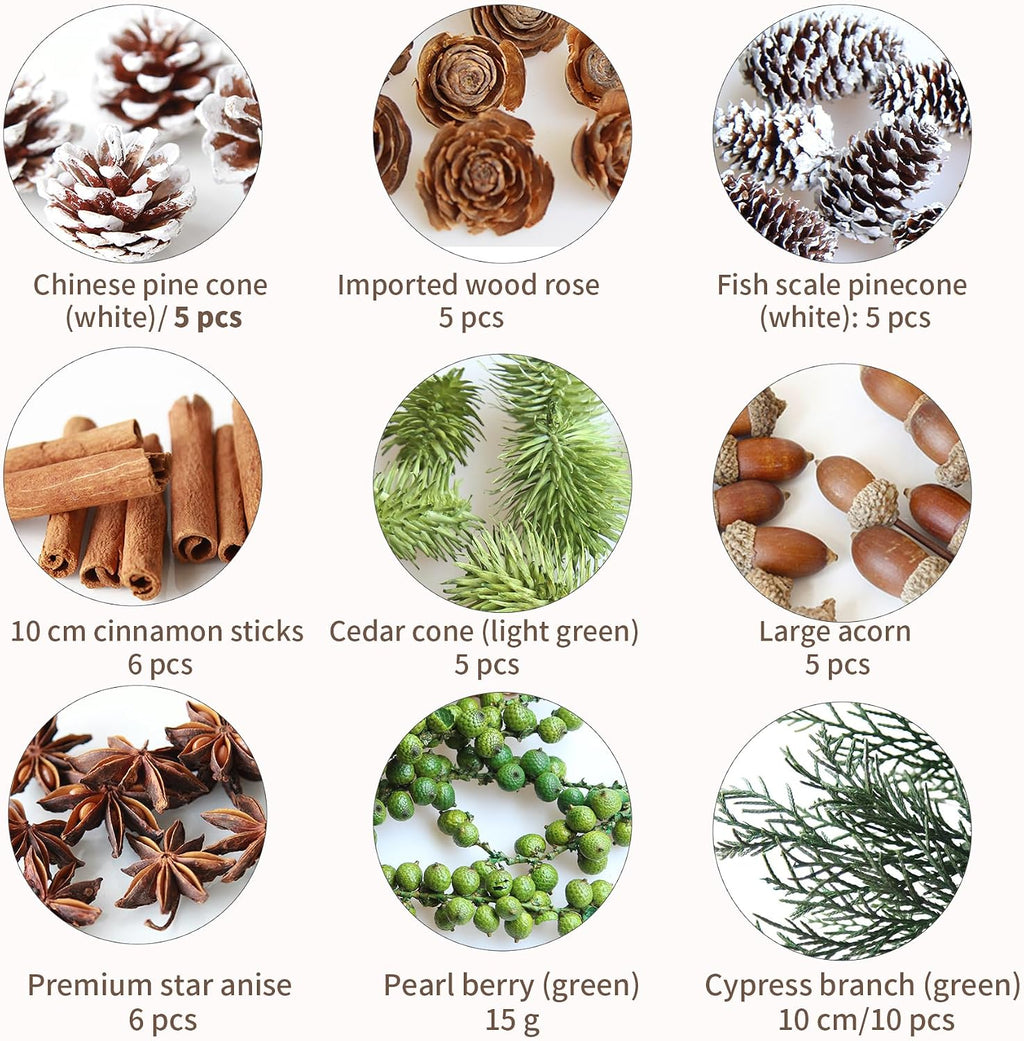 DIY Natural Dried Flower Kit - Bulk Dried Plants, Pine Cones, Scented Lemon Slices, Cinnamon Sticks Wood Roses & Mini Pinecones for Home Décor, Christmas Decoration (Green)