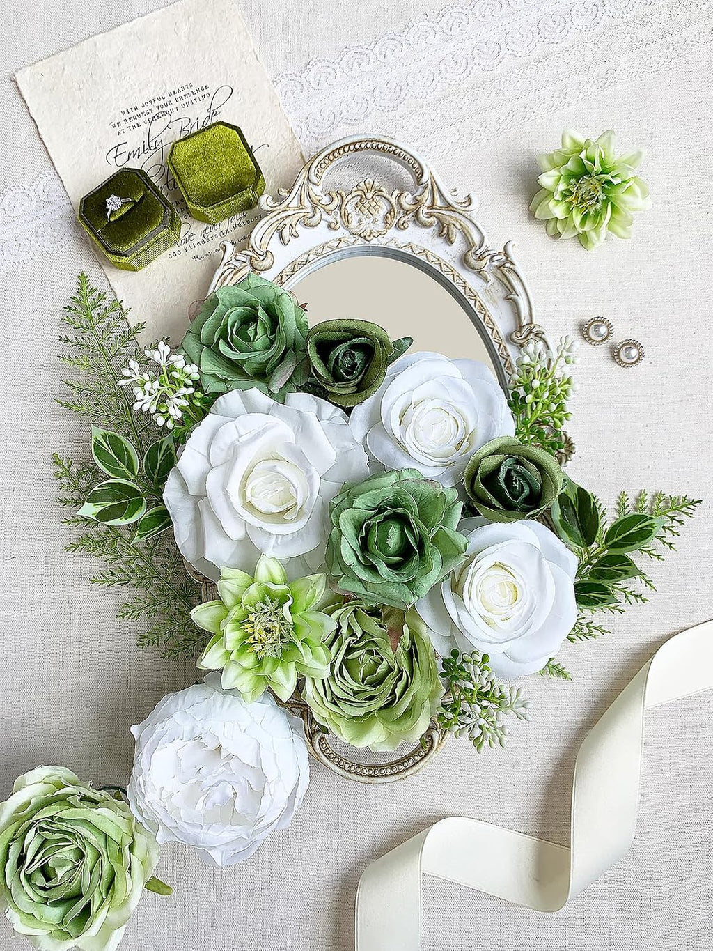 FACINOC Rose Artificial Flowers White Sage Green Bouquet Fake Flower Bulk
