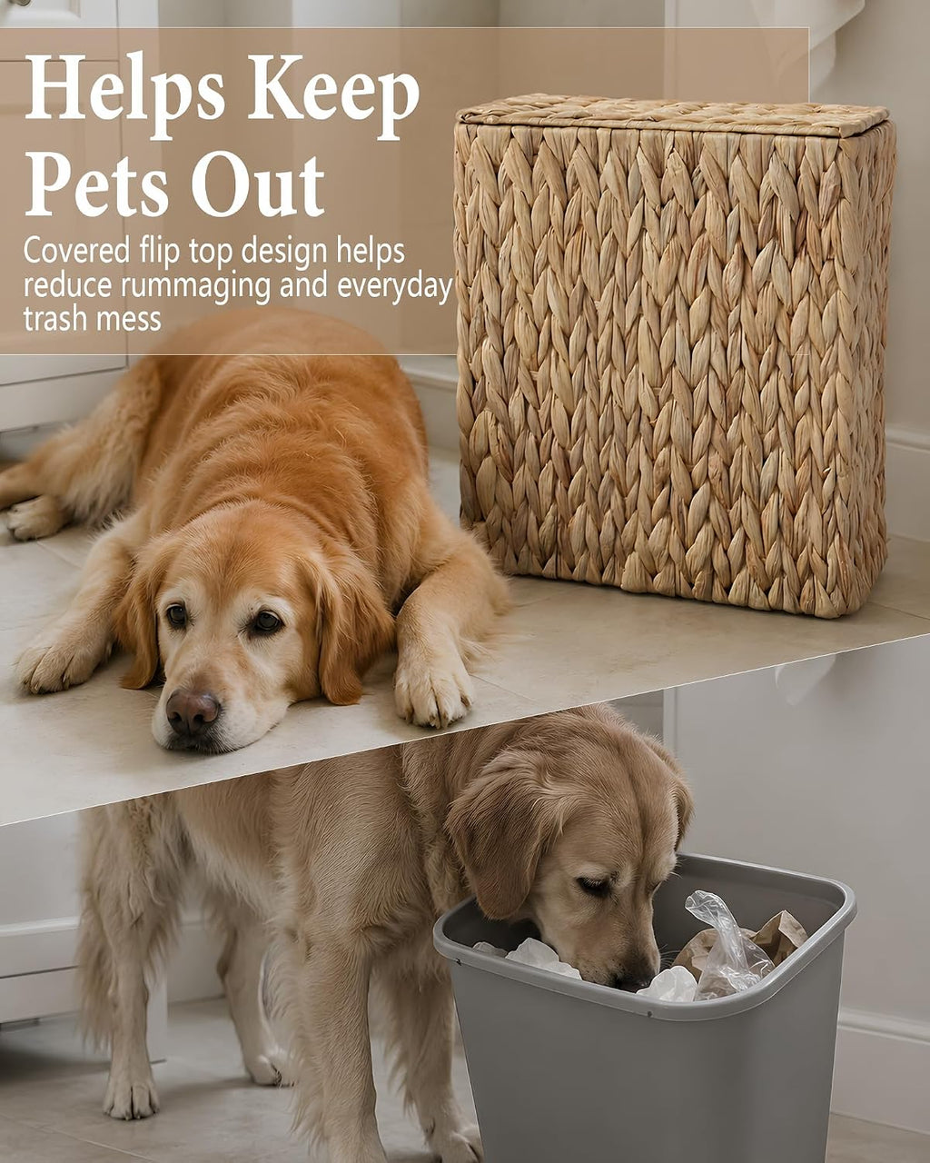 Wicker Trash Can with Lid, 3 Gallon Small Bathroom Trash Can