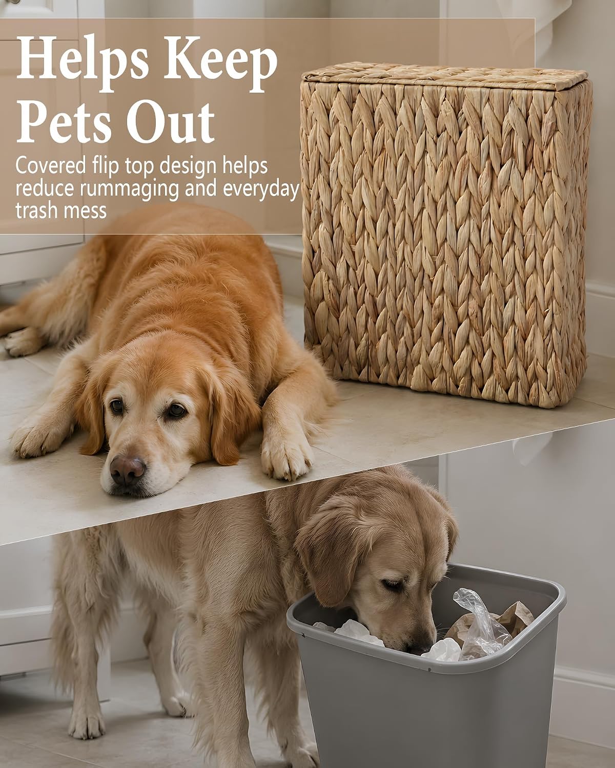 Wicker Trash Can with Lid, 3 Gallon Small Bathroom Trash Can