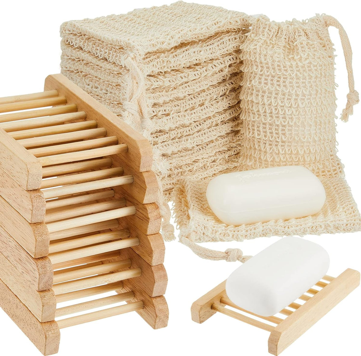 Rtteri 60 Pcs Soap Saver Bags & Bamboo Soap Holder Set Exfoliating Sisal Soaps Washing Bags Self Draining Wooden Bar Soaps Dish for Shower Bath Toilet Kitchen Restaurant